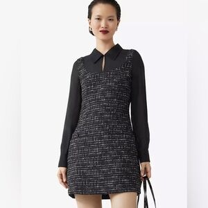 & Other Stories Black and White Tweed Layered Long Sleeve Collared Mini Dress
